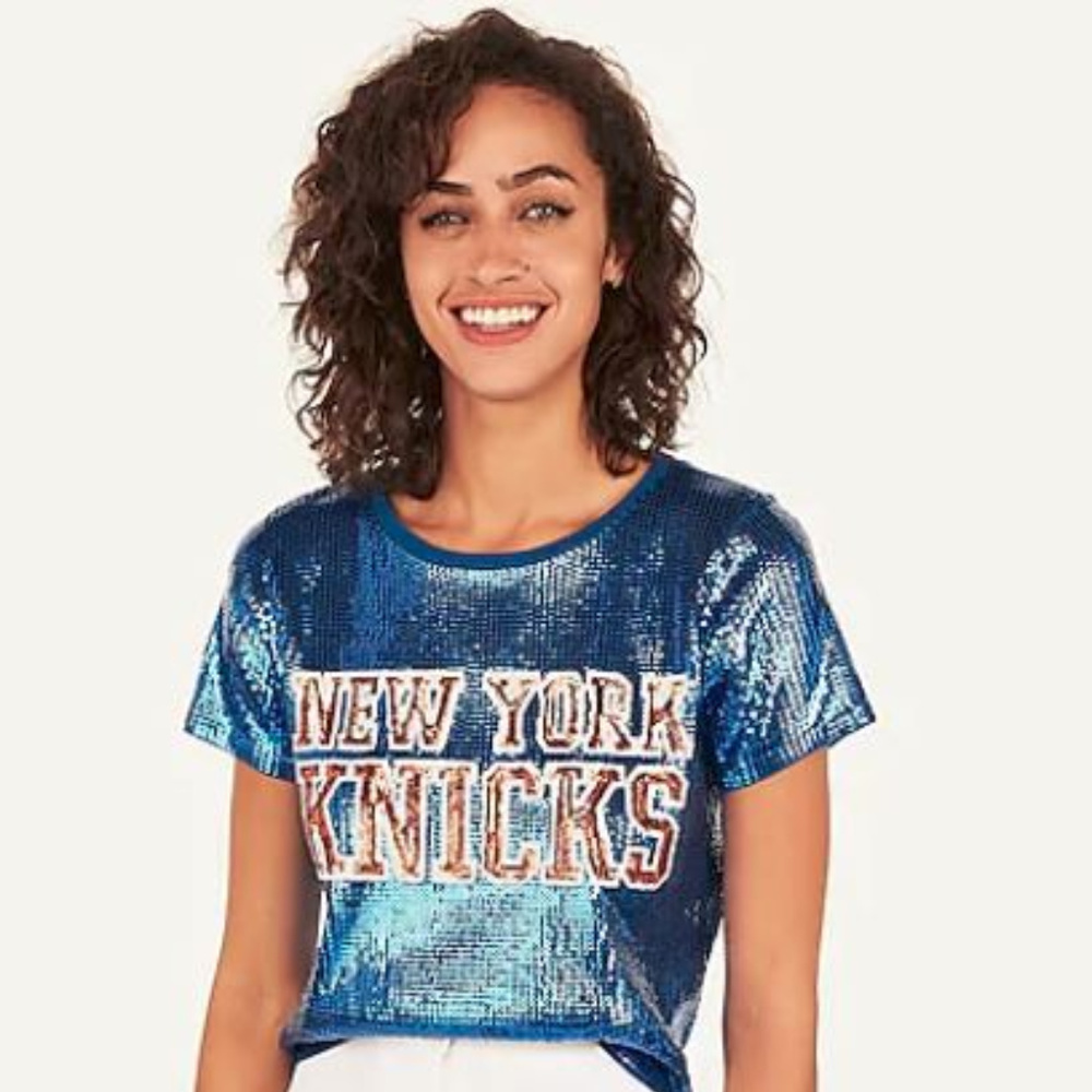 NEW YORK KNICKS Blue Sequined Bling Top Tee Shirt NY NBA Playoffs Cheer Women's